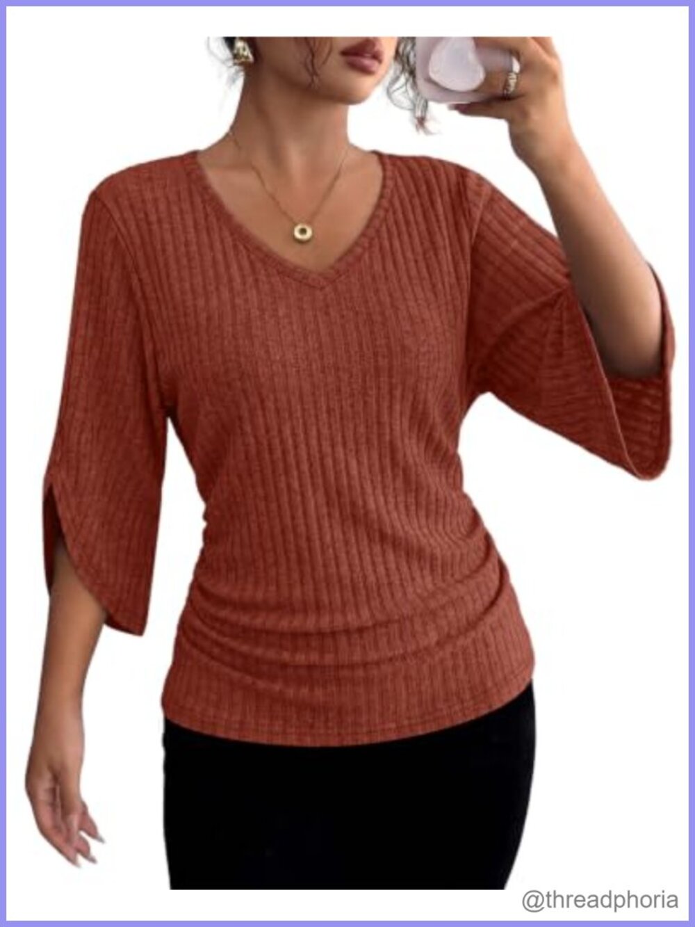 Womens Ribbed Knit Blouse V-Neck 3/4 Sleeve Casual Work Top